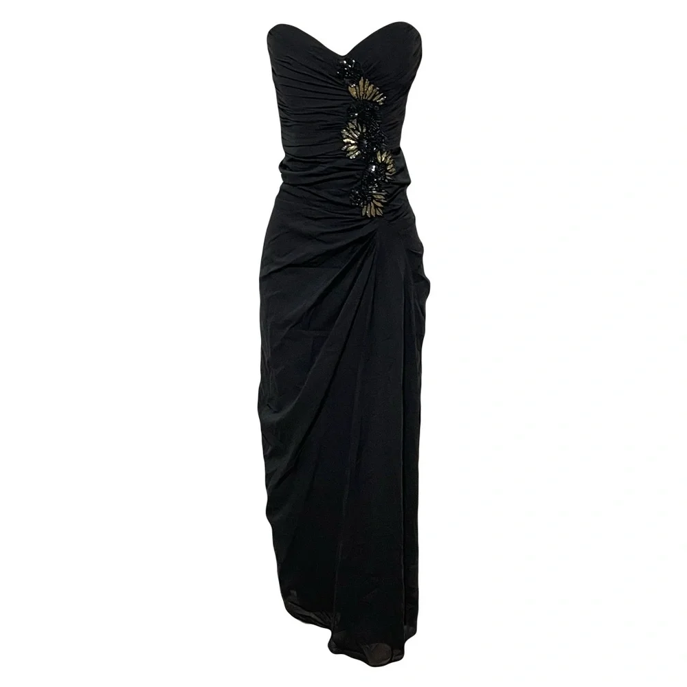 Badgley Mischka Collection black silk strapless ruched side sequin fitted dress - Picture 1 of 13
